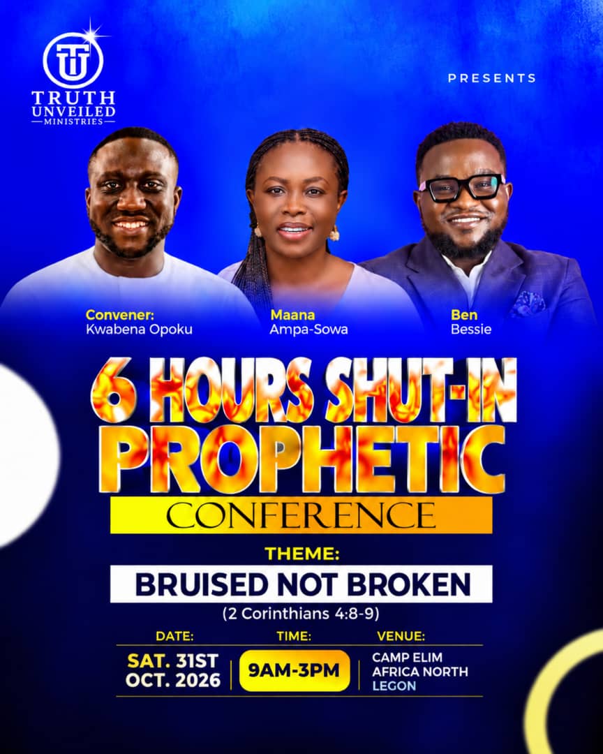 6 Hours Shut-in Prophetic Conference flyer — theme Bruised Not Broken, Saturday October 31 2026, 9AM–3PM, Camp Elim, North Legon